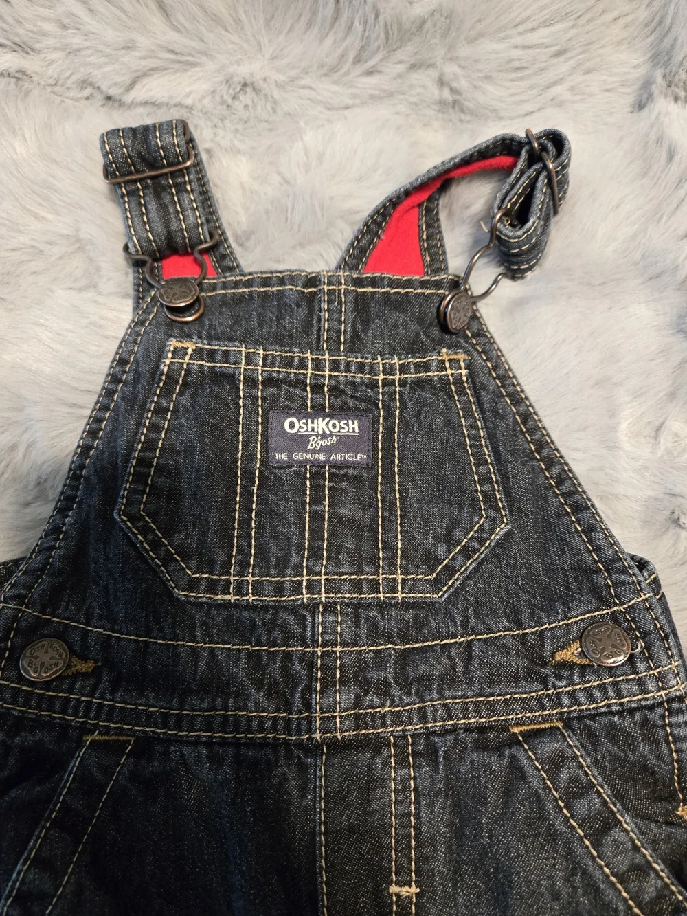 OshKosh B'gosh Red Fleece Lined Dark Wash Carpenter Overalls 12M